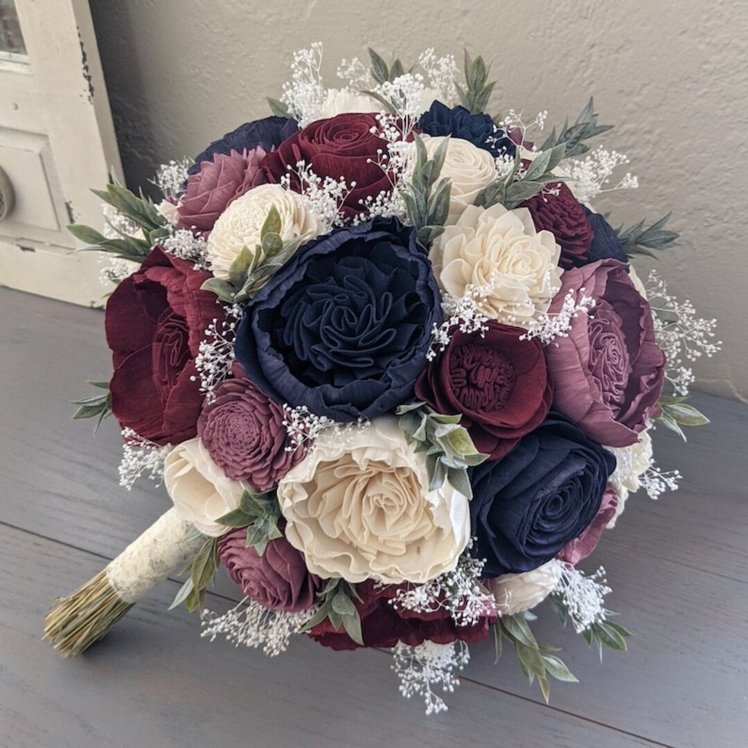 Mauve, Navy, Burgundy, and Ivory Sola Wood Flower Bouquet with Baby's Breath and Greenery - Bridal Bridesmaid Toss | MakerPlace by Michaels Mauve, Navy, Burgundy, and Ivory Sola Wood Flower Bouquet with Baby's Breath and Greenery - Bridal Bridesmaid Toss | MakerPlace by Michaels